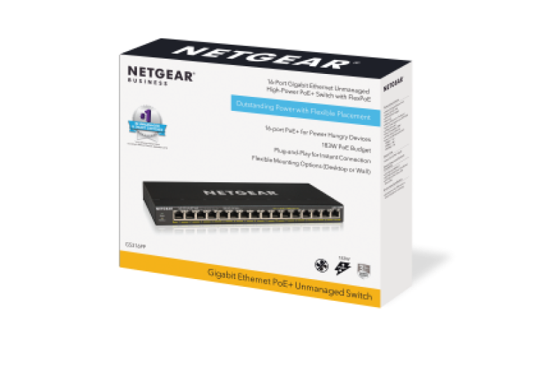 16 port Gigabit Unmanaged Switch w/ 16 PoE+ (183W), Metal, Fanless