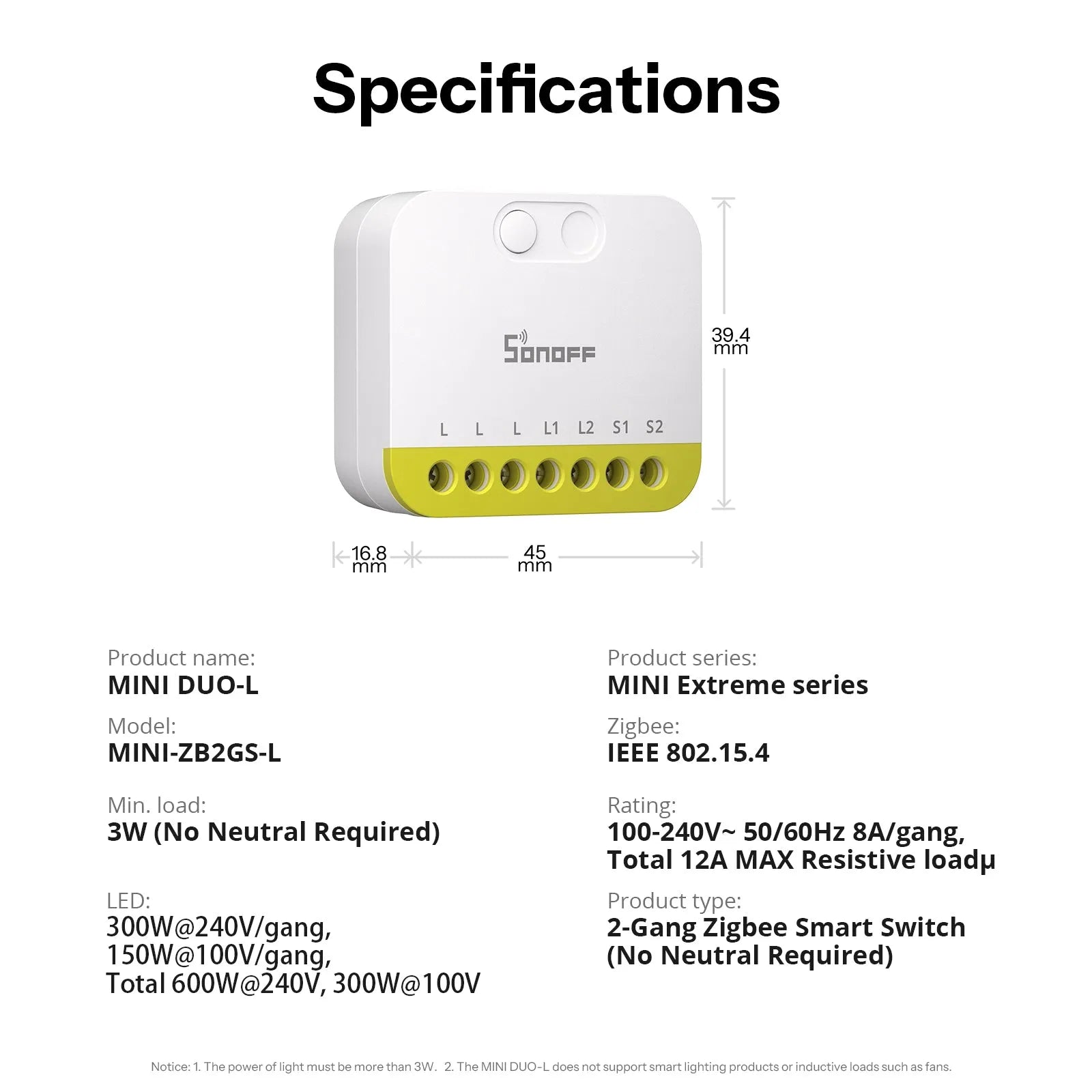 SONOFF MINI DUO-L 2-Gang Zigbee Smart Switch MINI-ZB2GS-L