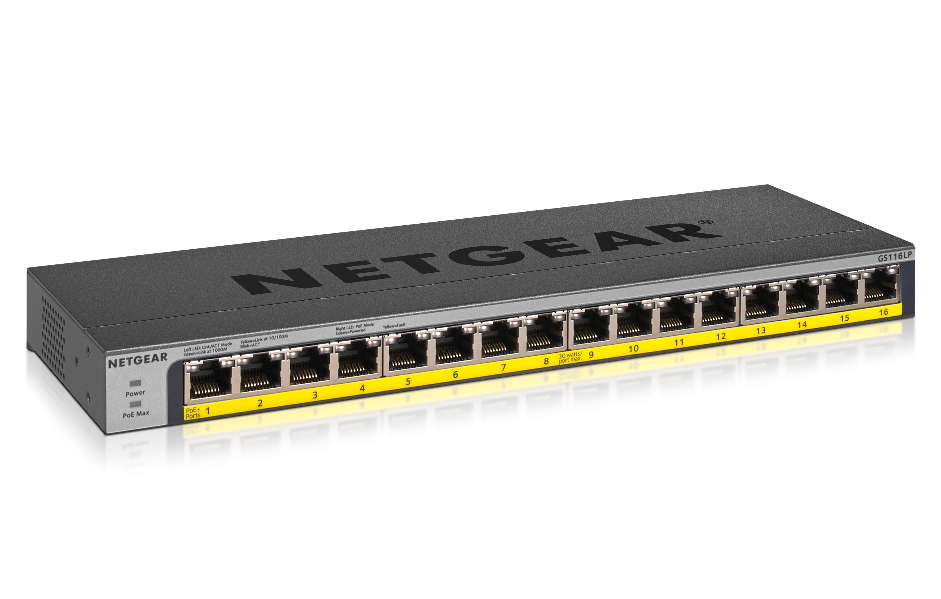 16 port Gigabit Unmanaged Switch w/ 16 PoE+ (76W), Metal, Fanless
