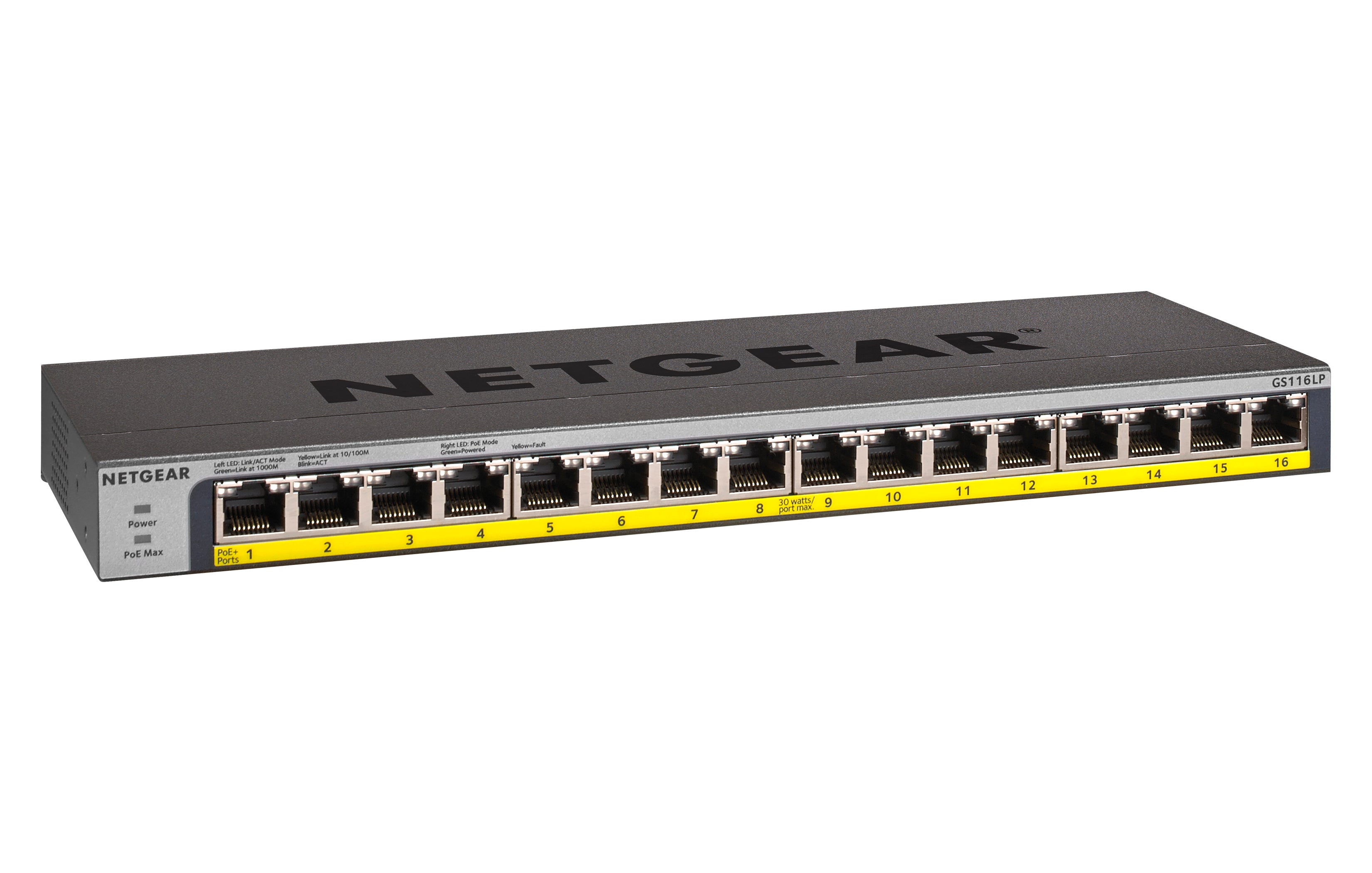16 port Gigabit Unmanaged Switch w/ 16 PoE+ (76W), Metal, Fanless